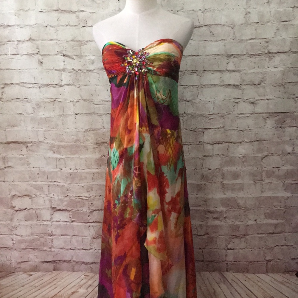 CACHE Strapless Dress Bandeau Waterfall Drape Gem